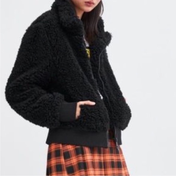 ZARA TRF Sherpa/Teddy Bomber Jacket Black Size L - Picture 6 of 16